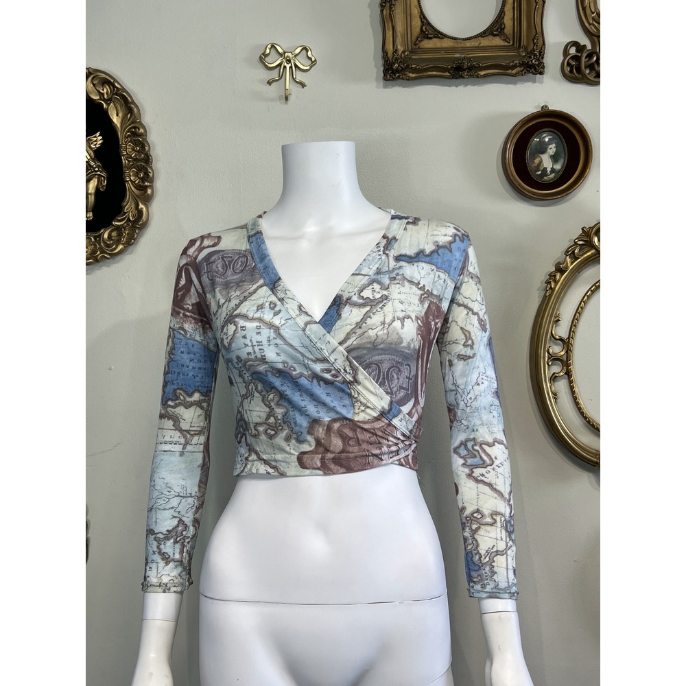 Vintage Y2K Cheryl Creations Map Print Long Sleeve Wrap Crop Top Size Small